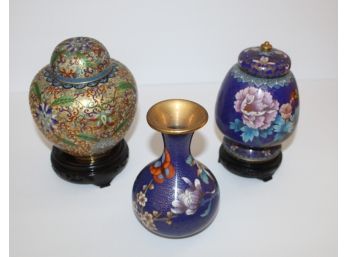 Three Beautiful Cloisonn Vase & Ginger Jars