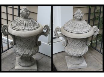 Beautiful Pair Of  Ornate Composite Urns With Lids