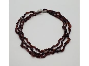 Indian Garnet Beaded Triple Strand Necklace In Stainless