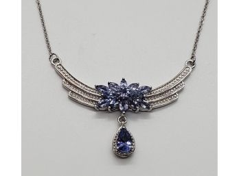 Stunning Tanzanite Floral Drop Necklace In Platinum Over Sterling