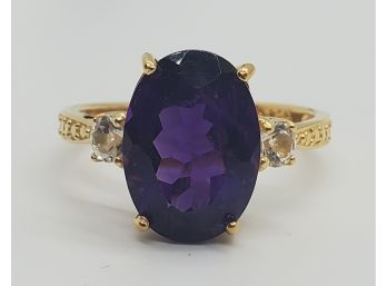 Stunning Oval Amethyst, White Topaz 18k Yellow Gold Over Sterling Ring