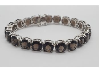 Checkerboard Cut Smoky Quartz,Rhodium Over Sterling Tennis Bracelet