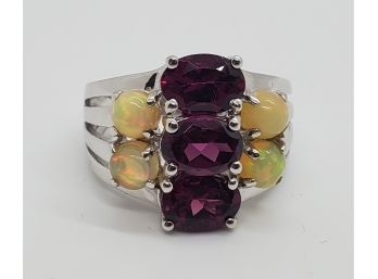 Raspberry Rhodolite, Ethiopian Opal Sterling Silver Ring