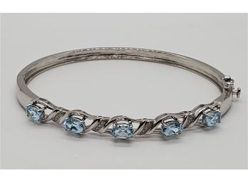 Blue Topaz, White Diamond, Rhodium Over Sterling Bracelet