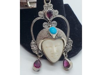 Bali Goddess, Carved Ox Bone, Multi Gemstone Pendant Necklace In Sterling