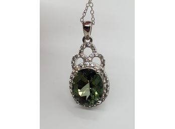 Rare Green Labradorite & Zircon Sterling Pendant Necklace