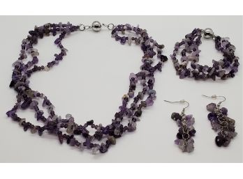 Amethyst Bead Earrings, Bracelet & Necklace Set In Silver Tone