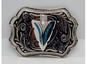 Stunning Genuine Turquoise Belt Buckle In Silver Tone