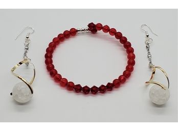 Red Jade, Red Crystal & Sterling Coil Bracelet With White Crackled Quartz Dangle Earrings