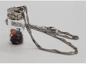 Clear Prayer Box Pendant Necklace In Rhodium Over Sterling With Mixed Gemstones