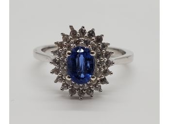 Kyanite, Zircon Halo Ring In Platinum Over Sterling