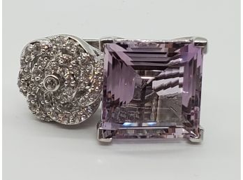 Unique Rose De France Amethyst & Zircon Ring In Platinum Over Sterling