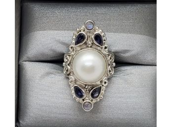 Sajen Silver White Mabe Pearl, Multi Gemstone Ring In Sterling