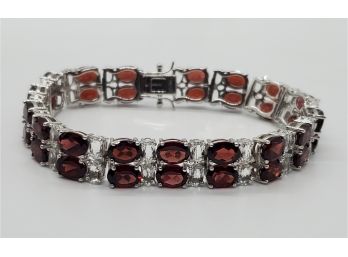 Oval Red Garnet & White Topaz, Rhodium Over Sterling Double Row Bracelet