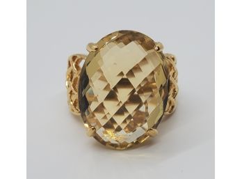 Oval Checkerboard Cut Citrine, 18k Yellow Gold Over Sterling Ring