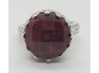 Large Round Ruby, Rhodium Over Sterling Ring