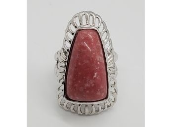 Thulite Cabochon, Rhodium Over Sterling Ring