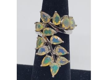 12 Pear Shaped Ethiopian Opal Sterling Floral Bypass Ring