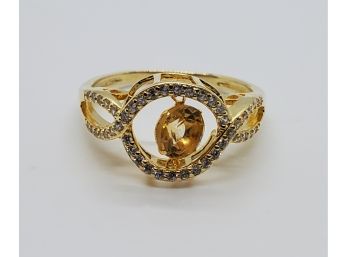 Brazilian Citrine Faux Diamond Halo Ring In 14k Yellow Gold Over Sterling