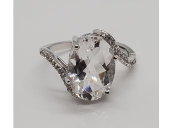 Crystal Quartz, White Zircon, Rhodium Over Sterling Ring