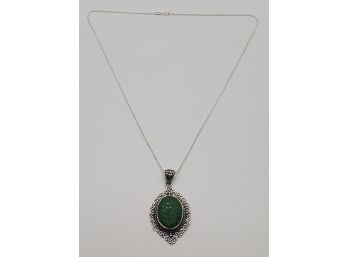 Incredible Carved Green Jade Pendant Necklace In Sterling