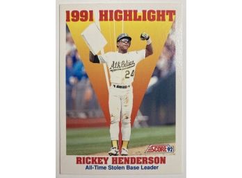 '92 Score Ricky Henderson 1991 Highlight All-Time Stolen Base Leader Commemorative Card