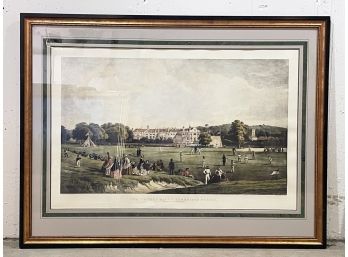 A Large Framed British Handcolored Engraving, Cricket Themed