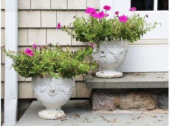 A Pair Of Cast Stone Planters And Live Plants