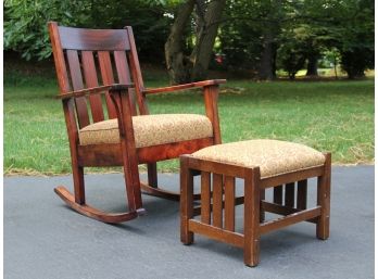 An Antique Mahogany Rocking Chair And Oak Footstool By Stickley