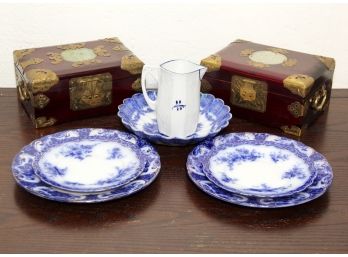 Antique Transferware And Rosewood Campaign Style Boxes