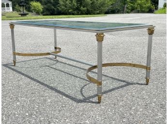 A Chrome, Glass And Brass Neoclassical Style Coffee Table