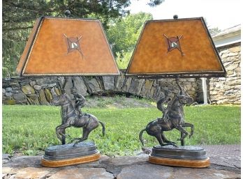 A Pair Of Vintage Bronze Equestrian Lamps With Painted Leather Shades