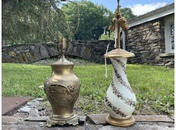 An Antique Brass And Ceramic Lamp Pairing