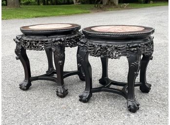 A Pair Of Antique Carved Rosewood Marble Top Side Tables, Or Plant Stands