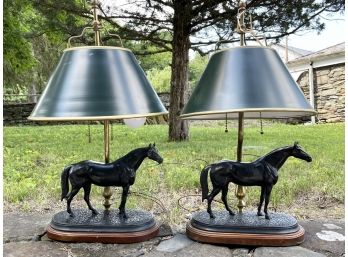 A Pair Of Bronze Equestrian Lamps With Tole Painted Metal Shades