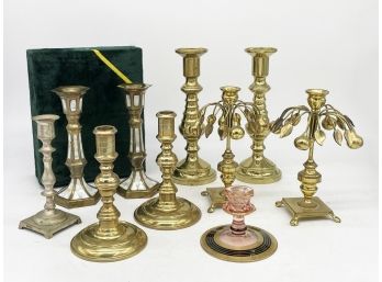 Antique Brass Candlesticks (Includes Mother Of Pearl Inlay Pair)