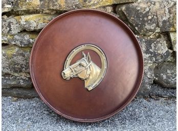 A Leather Tray With Brass Horse Inset