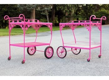 A Pairing Of Fabulous Vintage Wrought Iron Bar Carts - Woodard And More