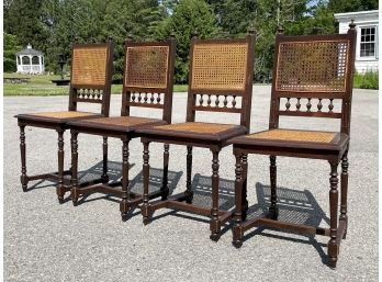 A Set Of 4 Vintage Oak And Cane Chairs