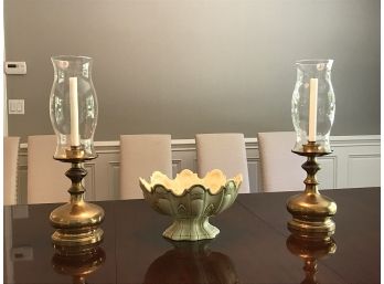 Brass Hurricane Lamps And Bowl