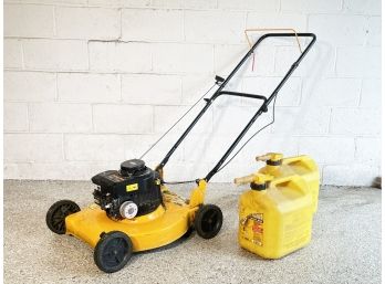 A Gas Powered Mower And Gas Cans