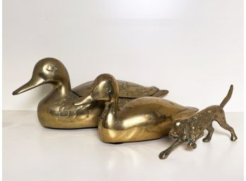 Antique Brass Duck And Dog Figures