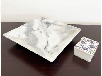 A Marble Serving Plate And Inlaid Marble Box