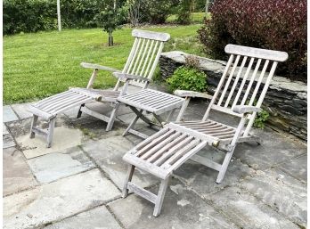 A Pair Of Outdoor Teak Steamer Chairs And A Cocktail Table - Striped Cushions