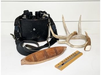 A Bucolic Decor Grouping - Binoculars, Antlers, A Canoe Dish And More