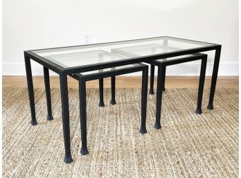 A Modern Wrought Iron And Glass Coffee Table And Cocktail Table Set