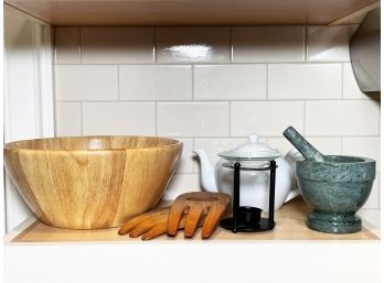 A Wood Salad Bowl, Tools, And Marble Mortar And Pestle