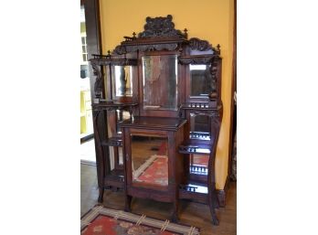 Antique Hand Carved Mahogany Etagere With Chinese Inspired Detail