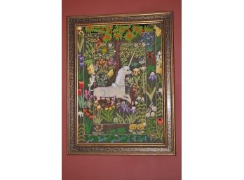 Vintage Needlepoint Wall Art, Unicorn Scene