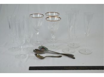 Antique Crystal And Glass Flutes, With Plated Silverware